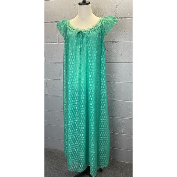 Vintage 1950s Green Nylon Chiffon Nightgown Floral Embroidered Semi Sheer Large - Picture 3 of 11